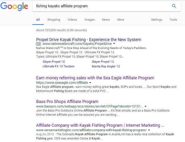 Google results for fishing kayaks affiliate programs