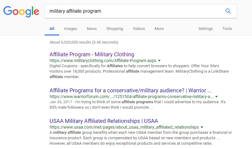 Google Search Results for Military Affiliate Programs