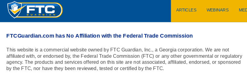 Disclaimer noting that FTC Guardian is not associated with the Federal Trade Commission