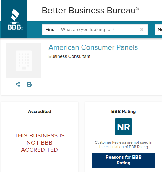 The BBB rating for American Consumer Panels