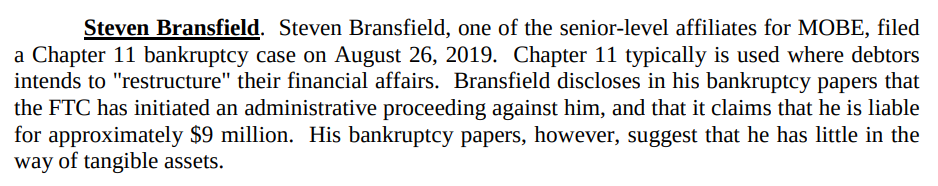 Announcement of Steven Bransfield's filing for Chapter 11 bankruptcy