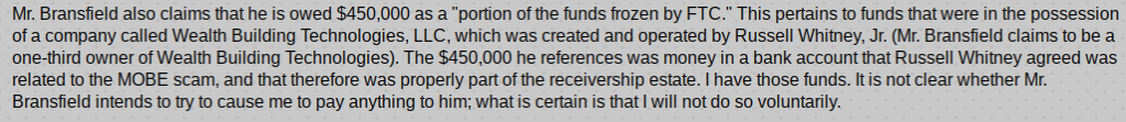 Information on how much money Steven Bransfield claims he is owed from Wealth Building Technologies LLC