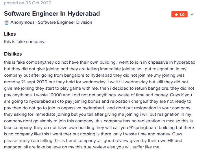 Oct 5,2020 complaint by employee of OnPassive Hyderabad India